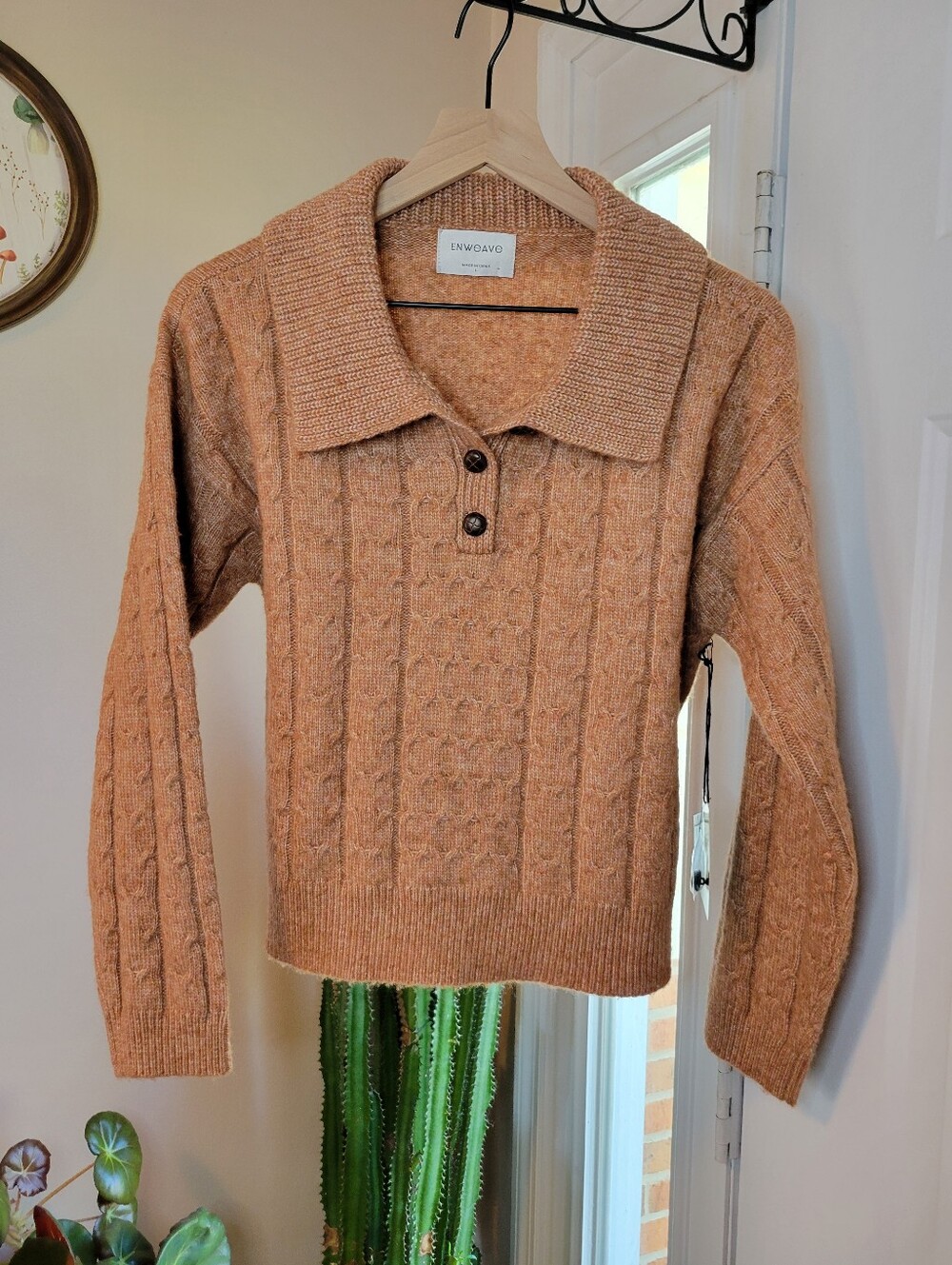 NWT ENWEAVE Cable-Knit Polo Collared Camel Colored Sweater, Size Large